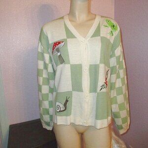 Mushroom Toadstool Cardigan Size M Sweater Patchwork Embroidered Forest Frog